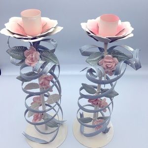 Pair of Vintage Blue Bow  & Pink Floral Tole Candlestick Holders